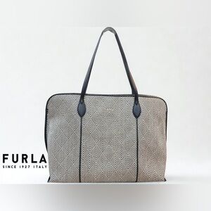 FURLA Black & Cream Woven Tote with Leather Trim and Gold Hardware w/ COA